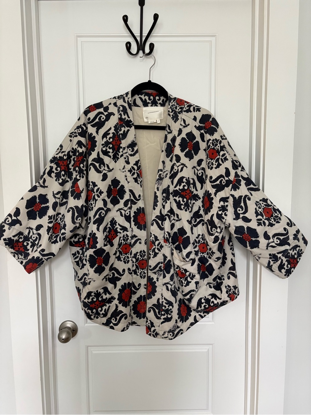 Anthropologie Cream Jacket with Navy & Red Floral Accents